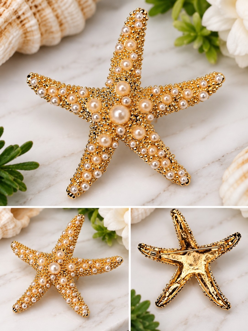 Gold-Tone Pearl Starfish Statement Brooch